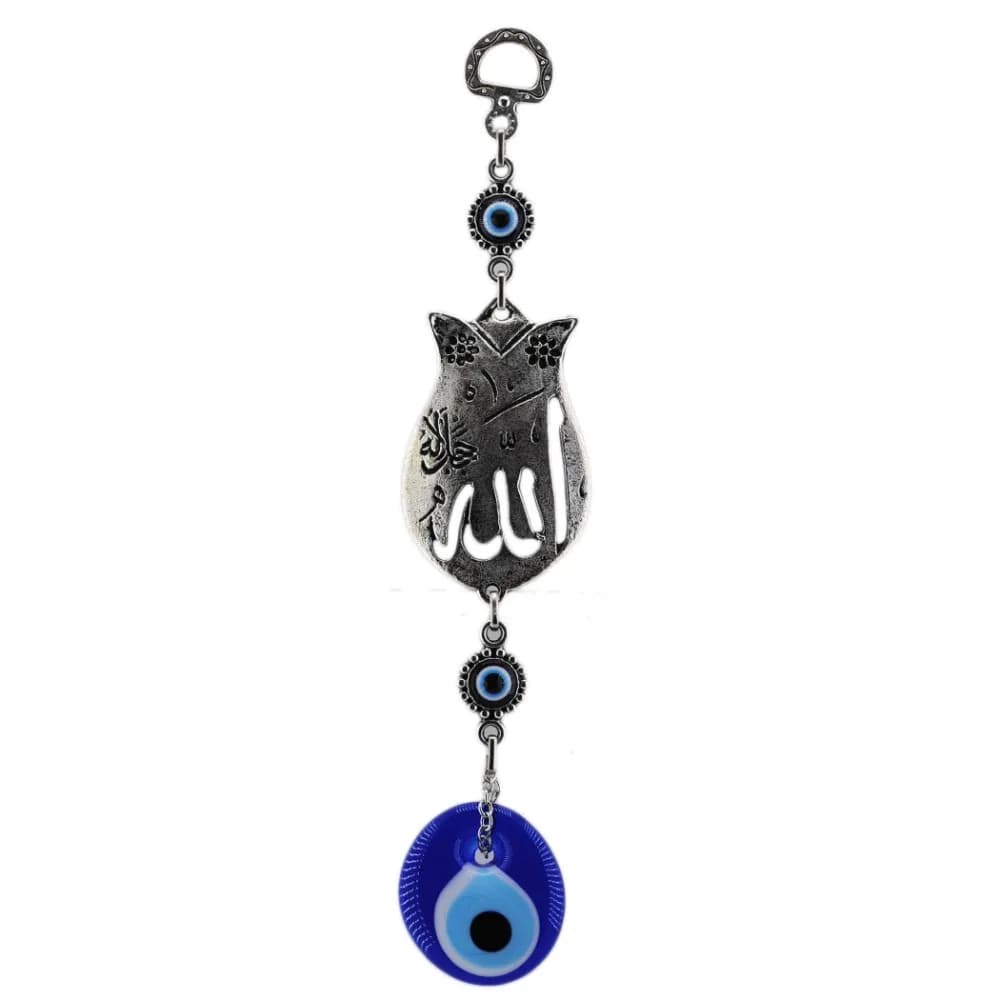 Cam Nazar Boncuklu Metal Duvar Süsü Lale Figürü Allah Yazılı
