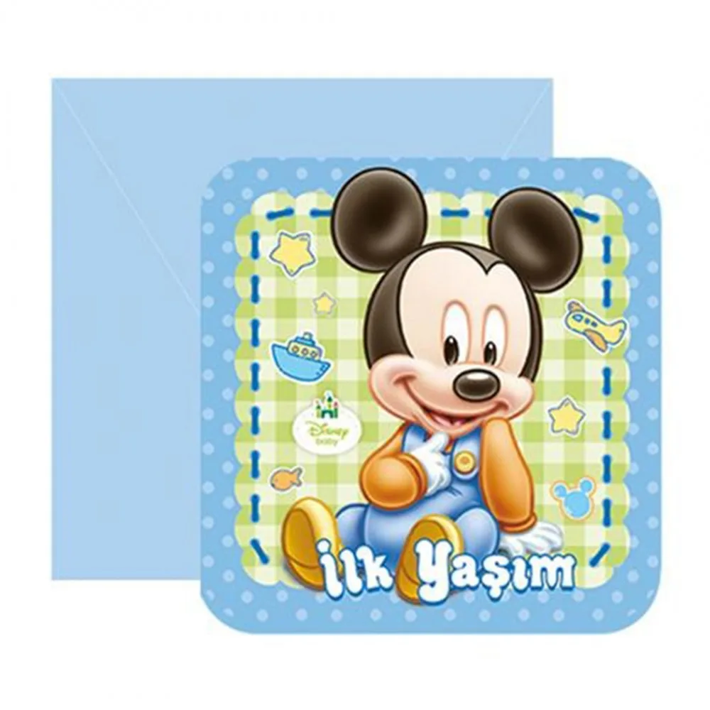 Mickey Mouse Temalı İlk Yaşım Parti Davetiyesi - 6 Adet