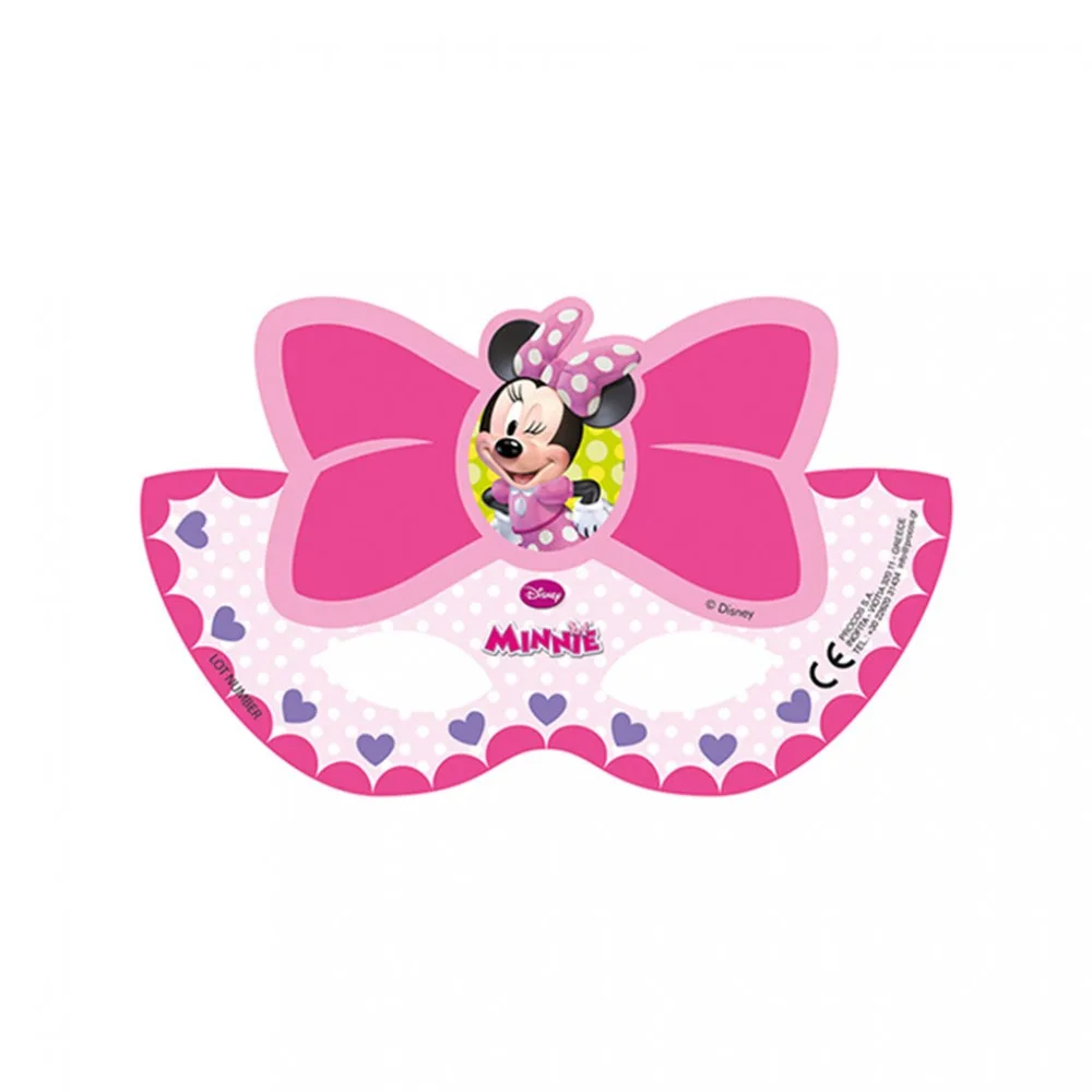 Minnie Mause Temalı Pembe Fiyonklu Kağıt Maske - 6 Adet