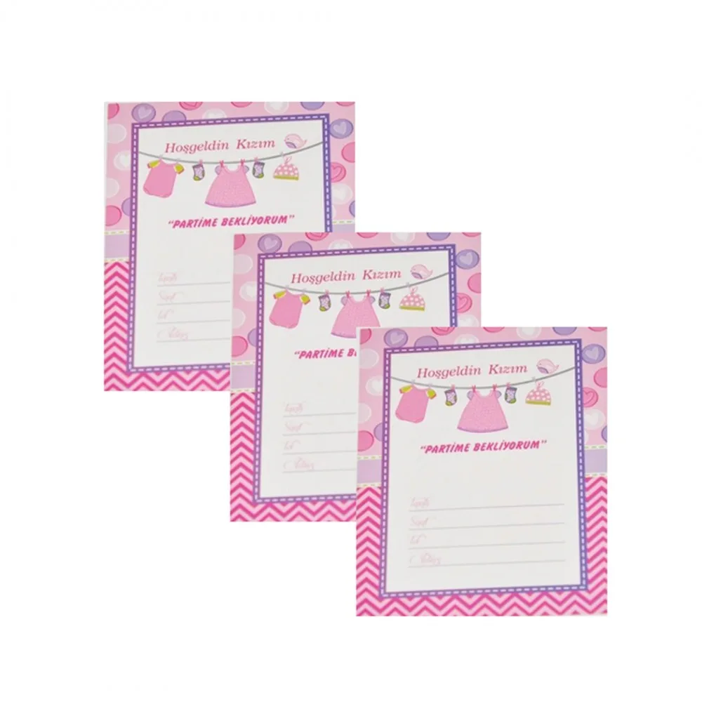 Parti Davetiyesi Hoşgeldin Kızım/Hoşgeldin Oğlum Temalı - 10 Adet Pembe