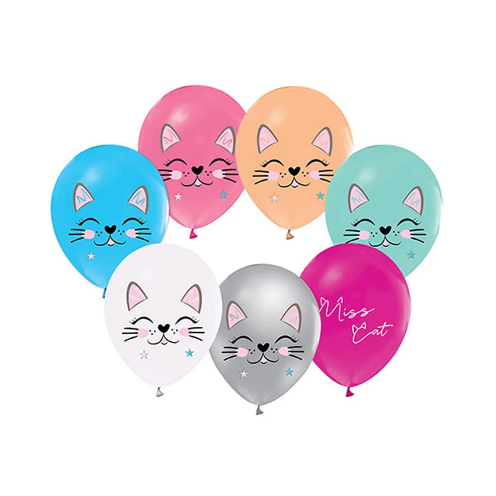 Miss Cat Temalı Pastel Balon Kedi Baskılı Karışık Renk - 20 Adet
