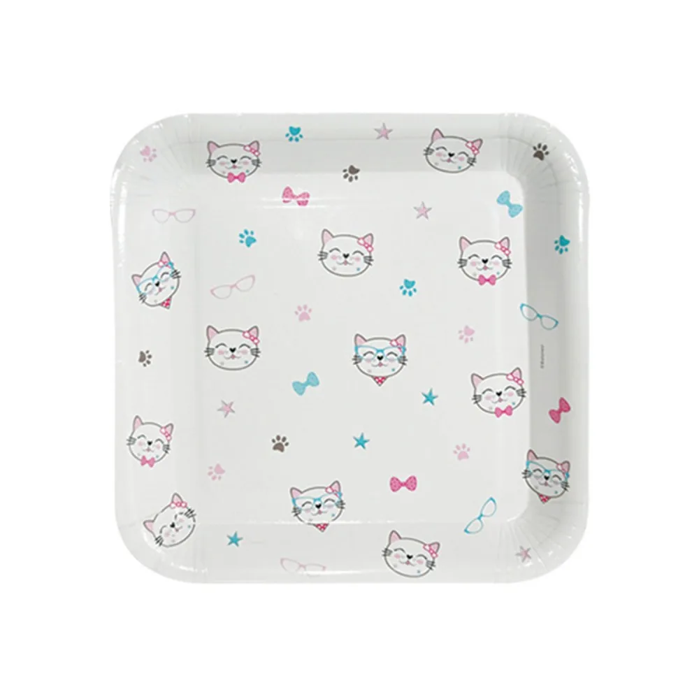 Miss Cat Temalı Karton Tabak Kedi Baskılı KARE Mode 18CM - 8 Adet