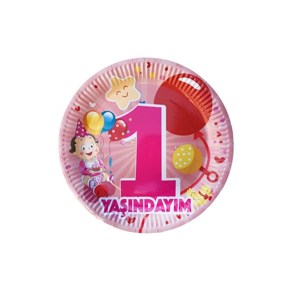 Karton Tabak 1 Yaşındayım Yazılı Balonlu 23 CM - 8 Adet Pembe