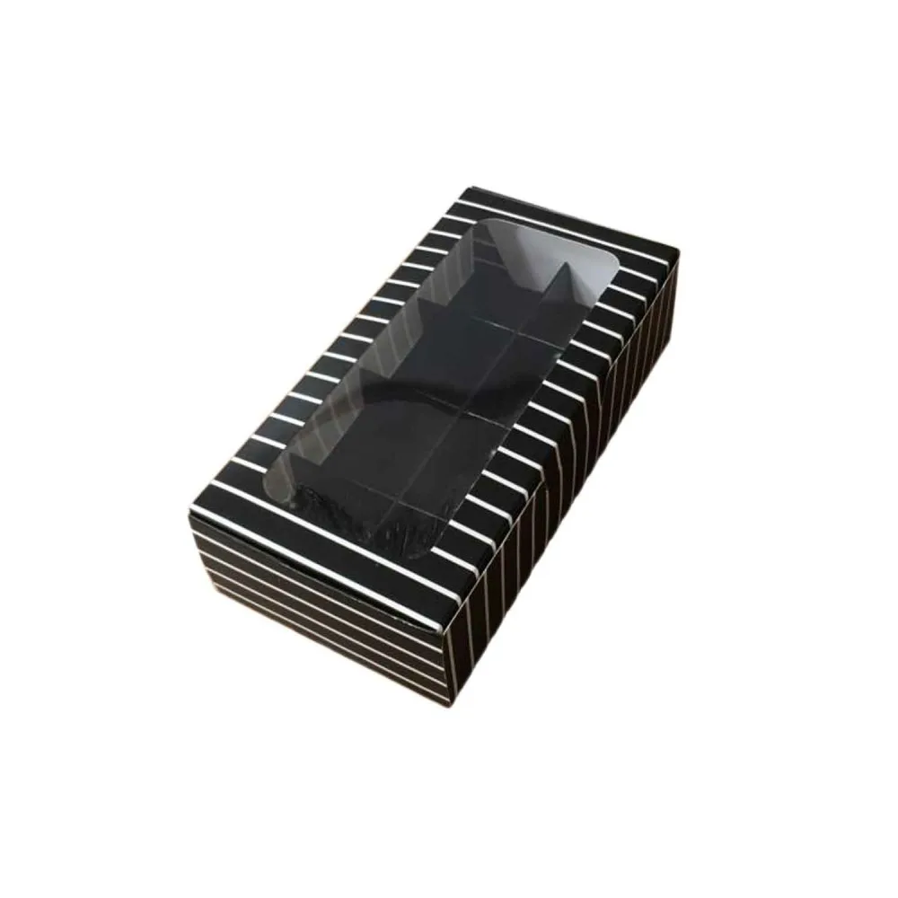 Asetat Pencereli Karton Kutu 20x10x5 CM 8 Bölmeli Kutu - 10 Adet Çizgili Siyah