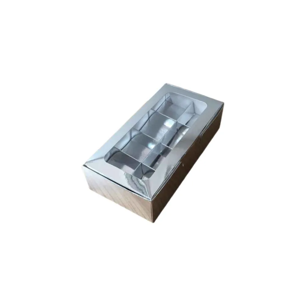 Asetat Pencereli Karton Kutu 20x10x5 CM 8 Bölmeli Kutu - 10 Adet Gümüş