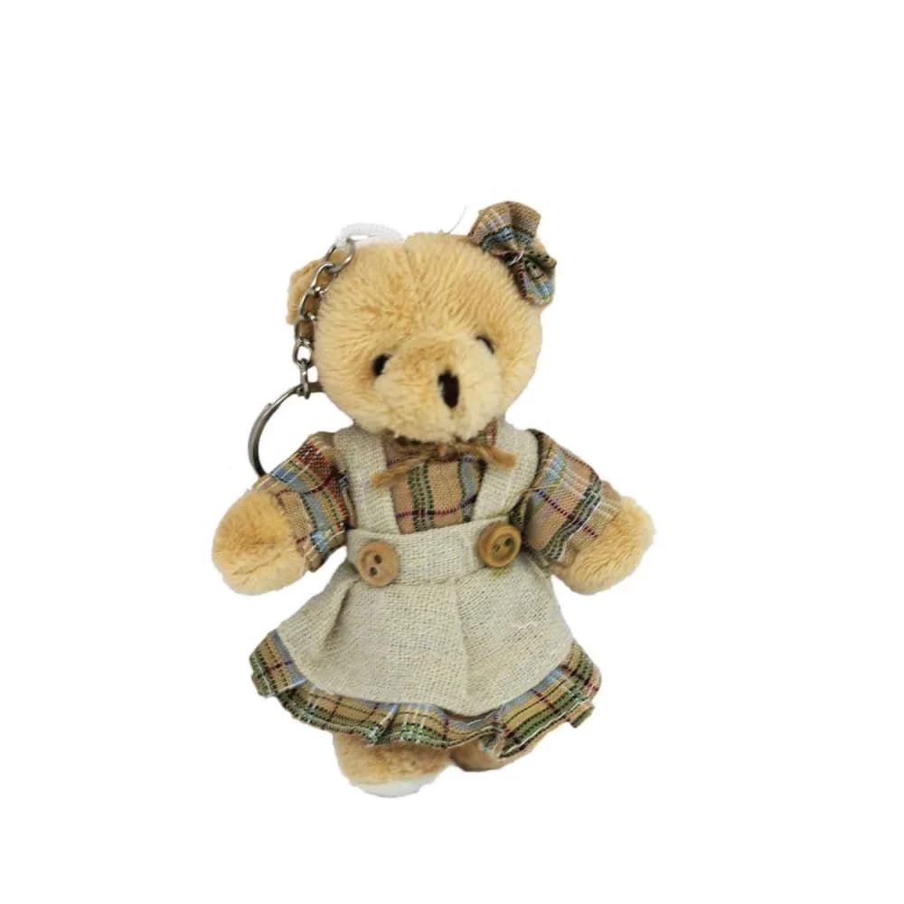 Kıyafetli Peluş Ayıcık Anahtarlık Koyu Renk 12 CM Kız Modeli