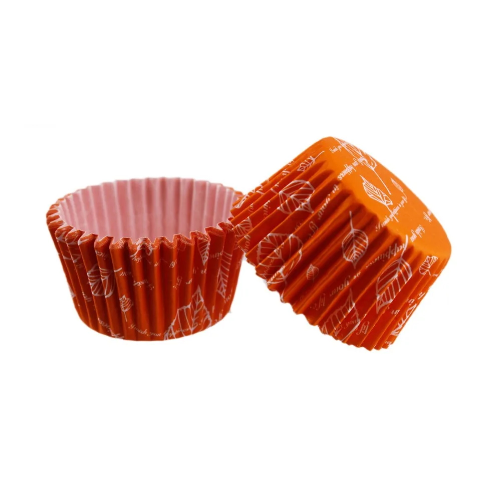 Cupcake Kalıbı Pet Kapsül Kek Kalıbı 52X45 MM - 100 Adet Turuncu Yaprak desenli