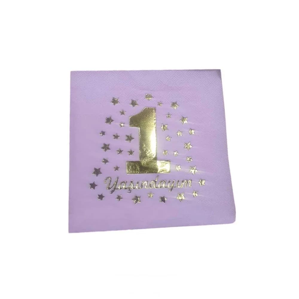 1 Yaşındayım Yazılı Peçete Varaklı 33X33 CM - 16 Adet Pembe