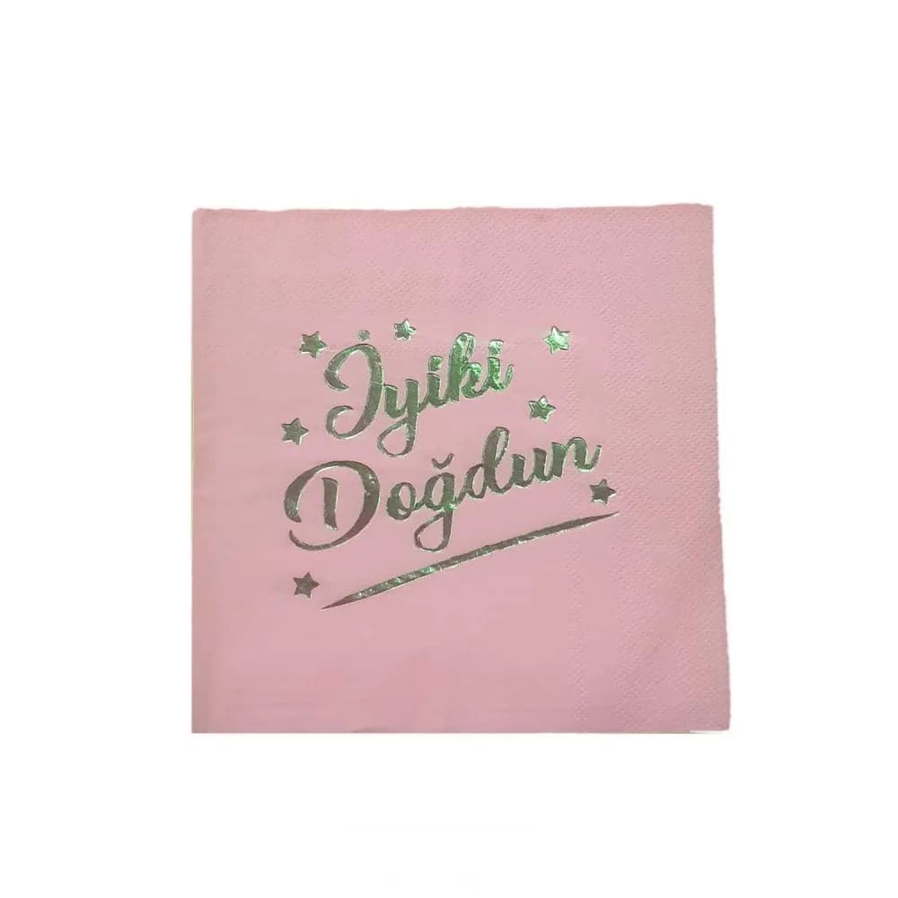 İyiki Doğdun Yazılı Kağıt Peçete Varaklı 33X33 CM - 16 Adet Pembe