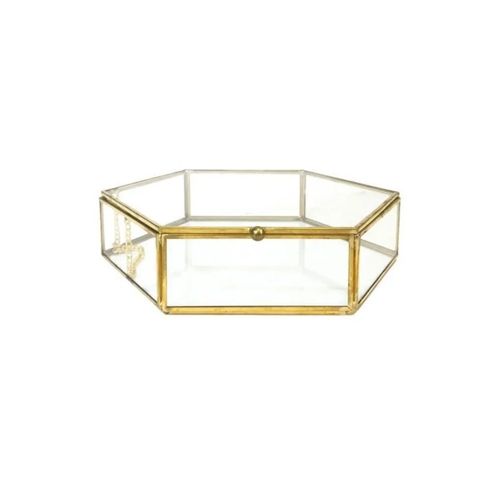 Cam Takı Mücevher Ve Yüzük Kutusu Altıgen 30x26 CM Altın
