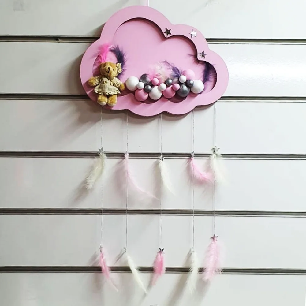 Kapı Süsü Bubble Ahşap Bulut Led Işıklı Gümüş Kapı Süsü 40X80 CM Pembe